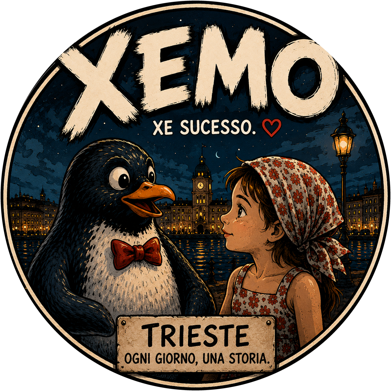 Marco il Pinguino e una bambina davanti a Trieste di notte, immagine di ingresso al mondo di XEMO